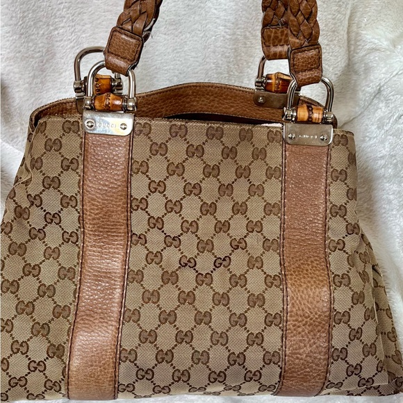 Auth GUCCI Bamboo GG Canvas Tote Bag Beige Brown Leather 232947 Used - Picture 3 of 16